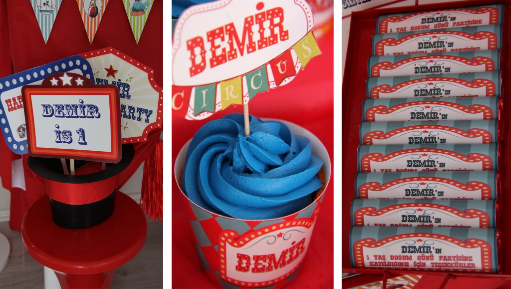 Circus temalı 1 yaş doğum günü partileri çikolata-cupcake